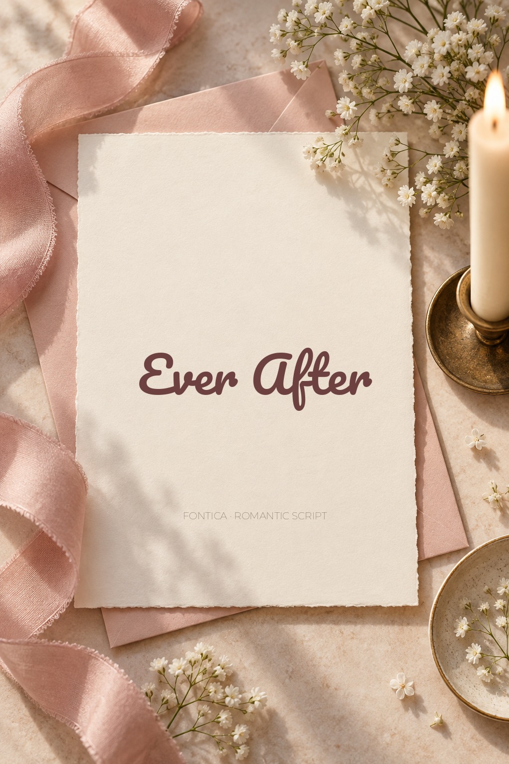 Ever After wedding stationery concept showing a romantic script font for a candle label
