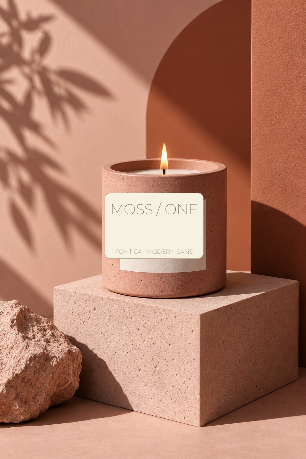 Moss One modern candle label showing a minimalist sans serif font on a terracotta vessel