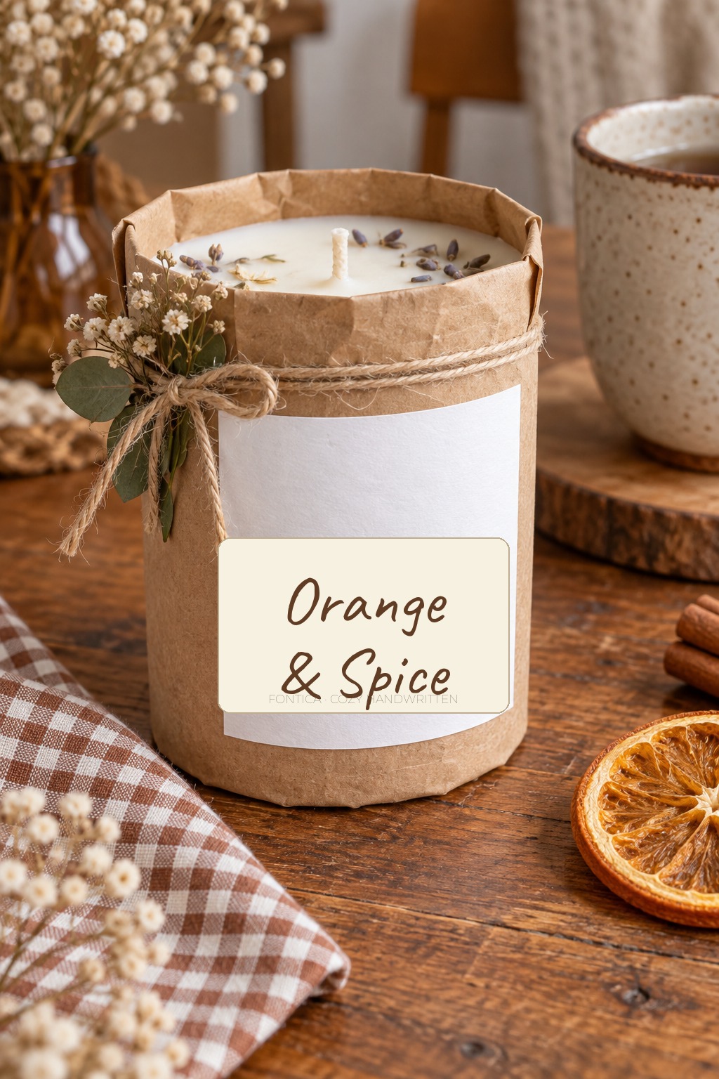 Orange and Spice handmade candle label showing a warm handwritten font on kraft packaging