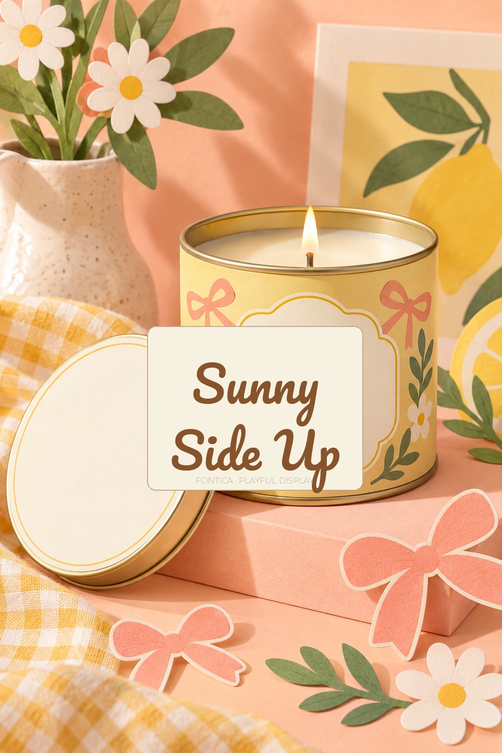 Sunny Side Up candle tin showing a playful display font in a bright giftable packaging scene